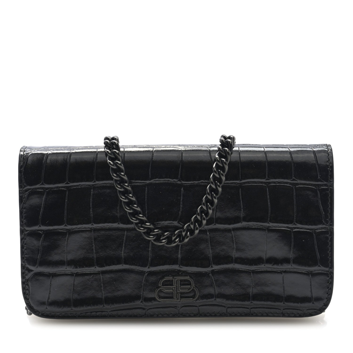 Balenciaga Shiny Calfskin Crocodile Embossed BB Phone Holder Wallet On Chain Black 1 of 10