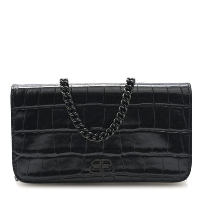 Balenciaga Shiny Calfskin Crocodile Embossed BB Phone Holder Wallet On Chain Black 1 of 10