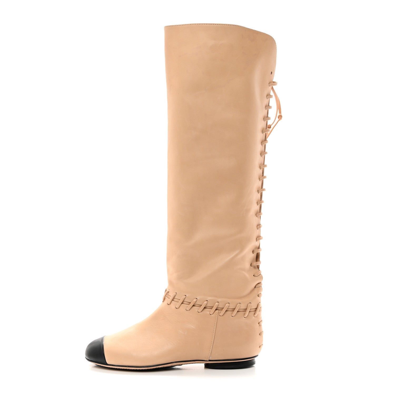 Chanel Lambskin Lace Up Cap Toe High Boots 37 Beige Black 1 of 12