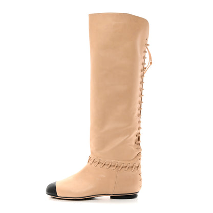 Chanel Lambskin Lace Up Cap Toe High Boots 37 Beige Black 1 of 12