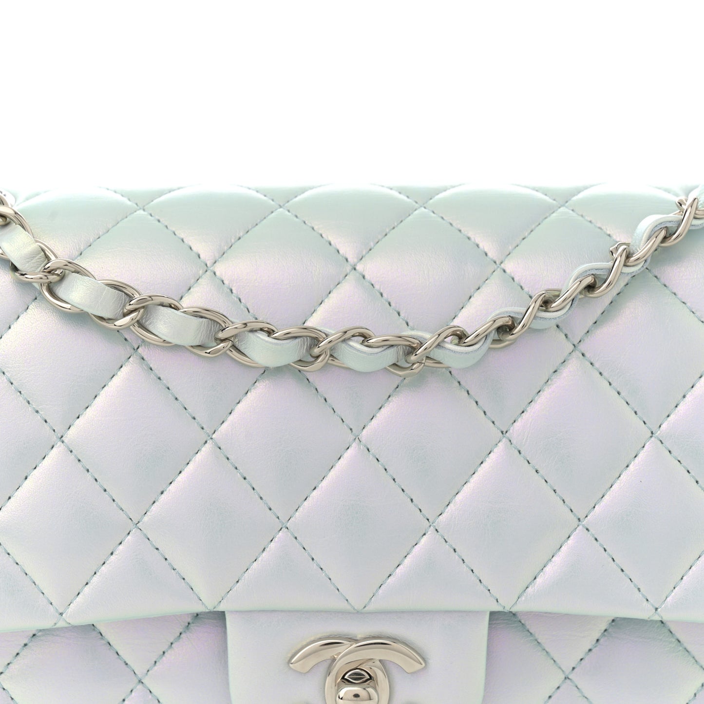 Iridescent Calfskin Quilted Medium Double Flap Light Blue