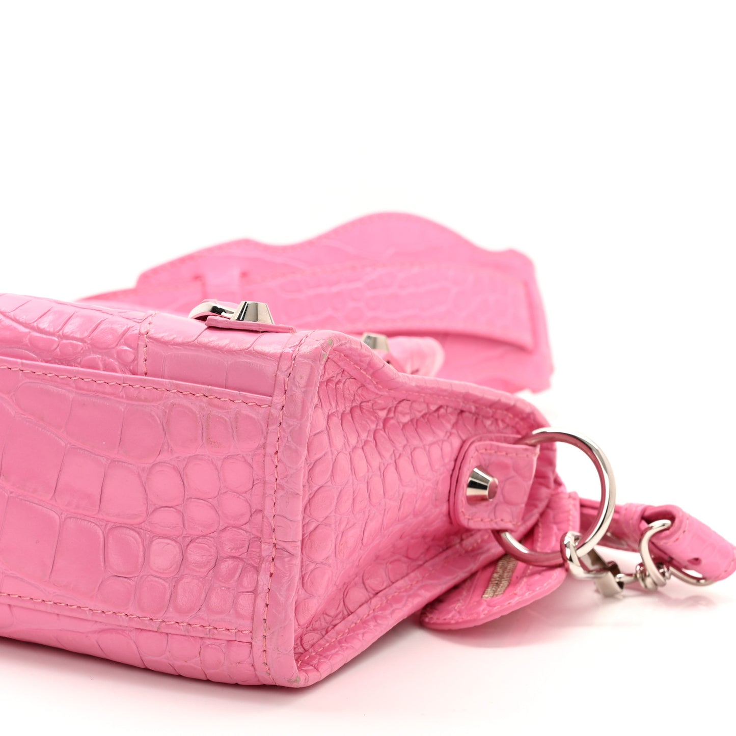 Shiny Supple Calfskin Crocodile Embossed Classic Silver Hardware Mini City Baby Pink
