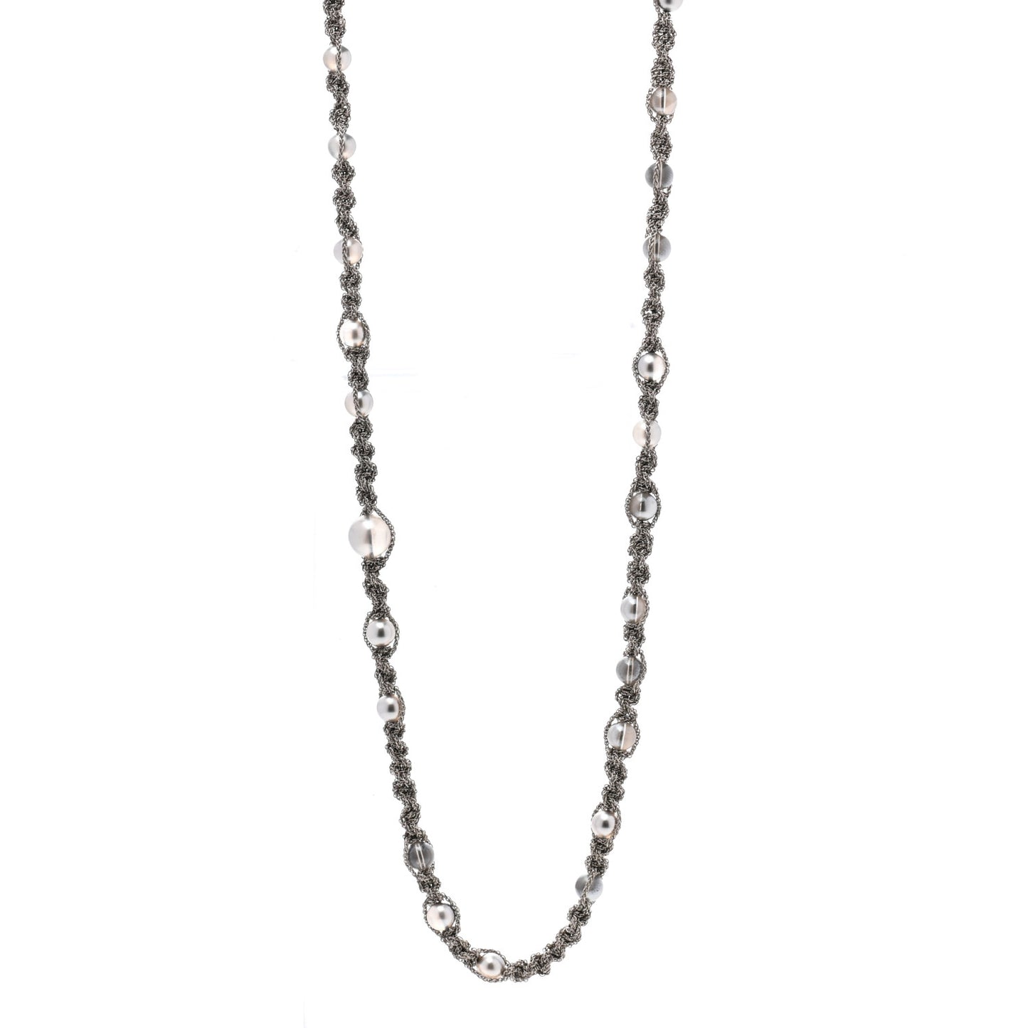 Pearl Crystal Bead Chain CC Long Necklace Silver Grey
