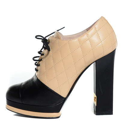 Chanel Lambskin Quilted Lace Up Booties 38.5 Beige Black 1 of 8