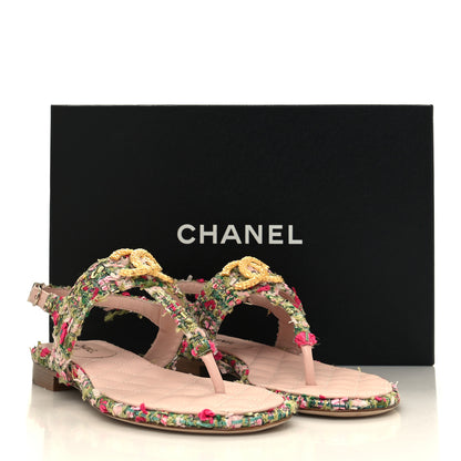 Chanel Tweed CC Logo Thong Sandals 37 Green Pink White 9 of 9