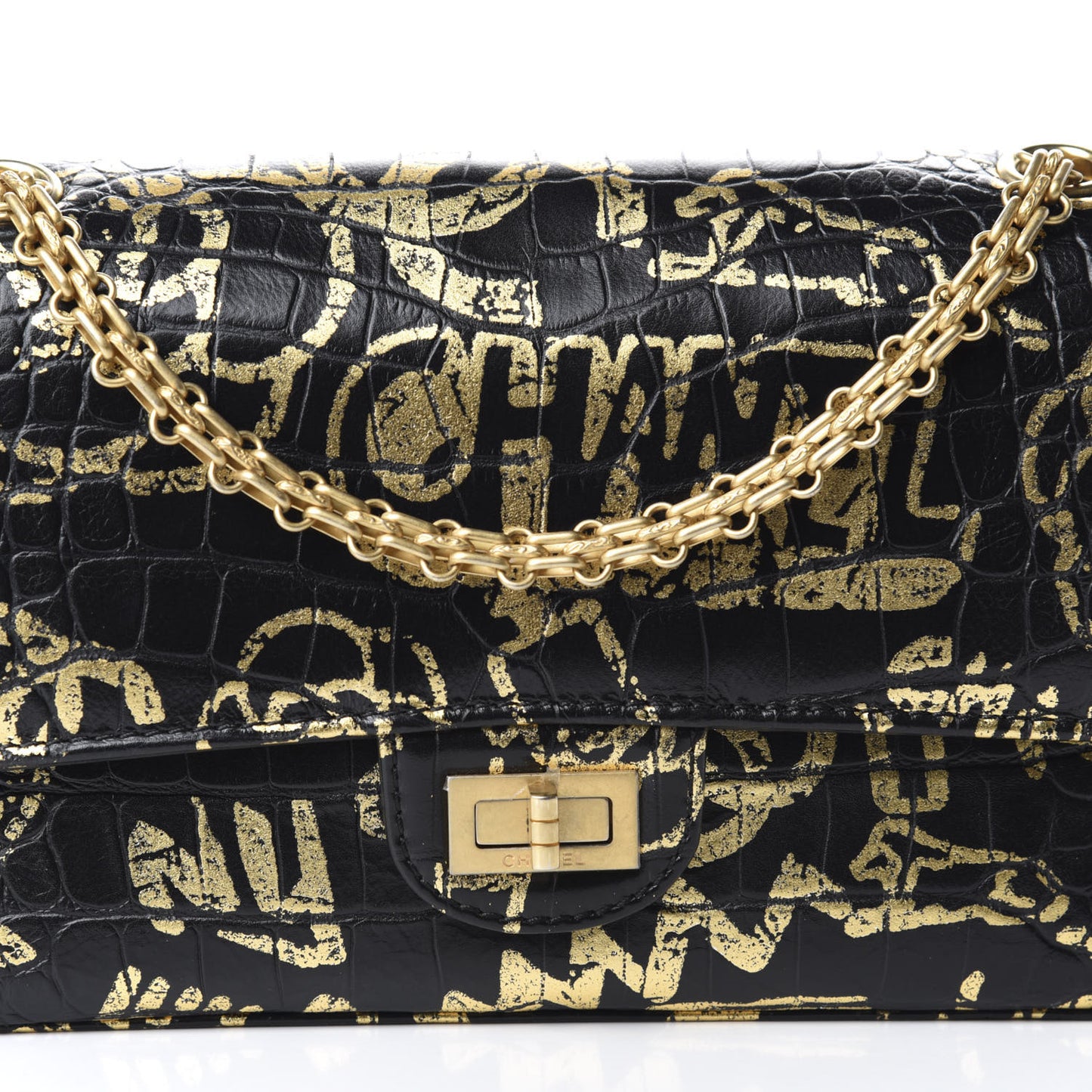 Calfskin Crocodile Embossed Graffiti 2.55 Cocodile Reissue 225 Flap Black Gold