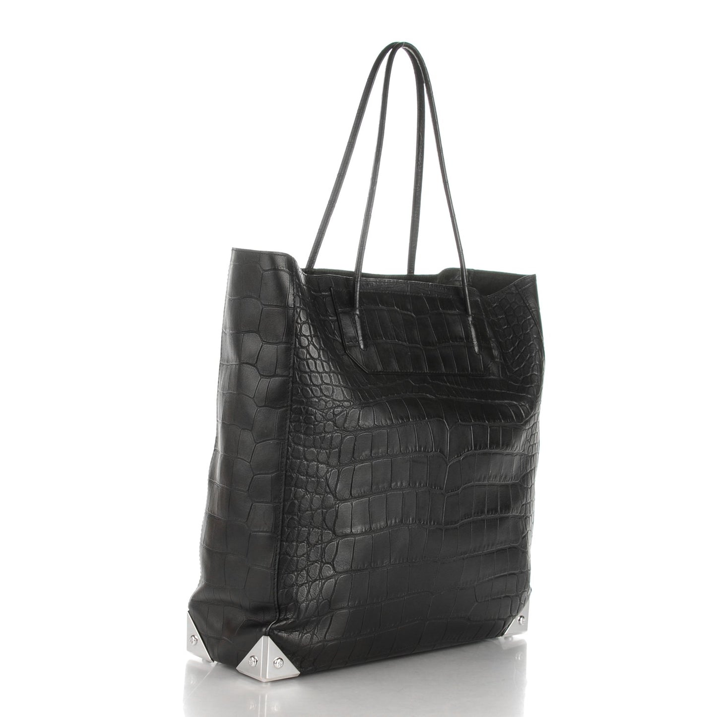 Calfskin Crocodile Embossed Prisma Skeletal Tote Black Silver Hardware