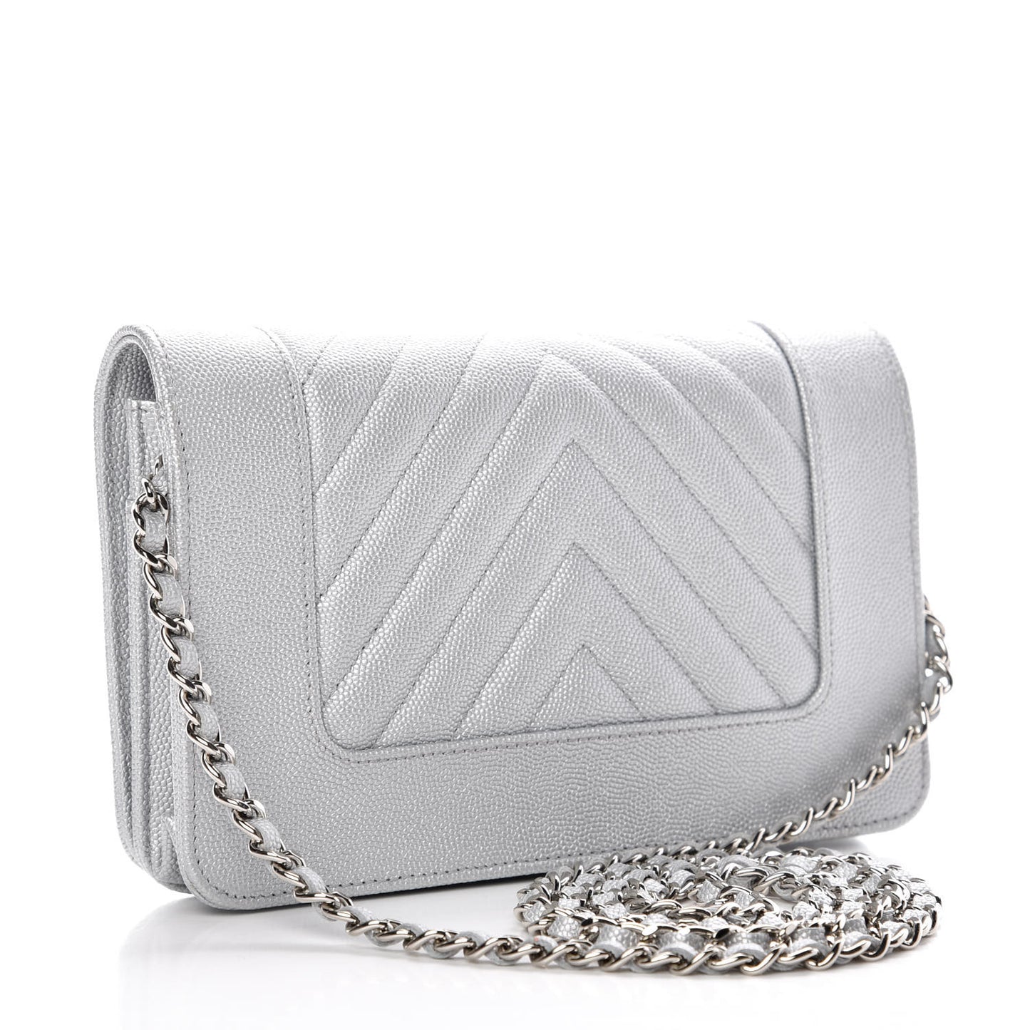 Metallic Caviar Chevron Quilted Vintage Mademoiselle Wallet On Chain WOC Silver