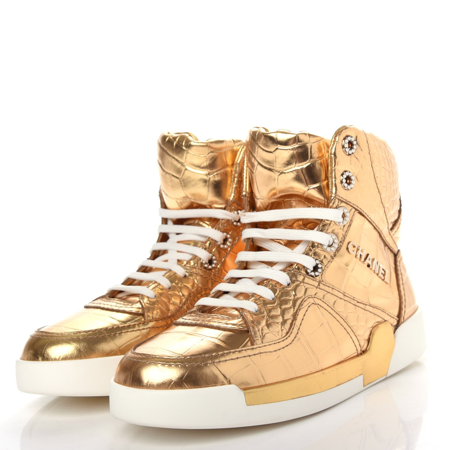 Chanel Metallic Calfskin Crocodile Embossed Cocodile High Top Sneakers 39 Gold 3 of 11