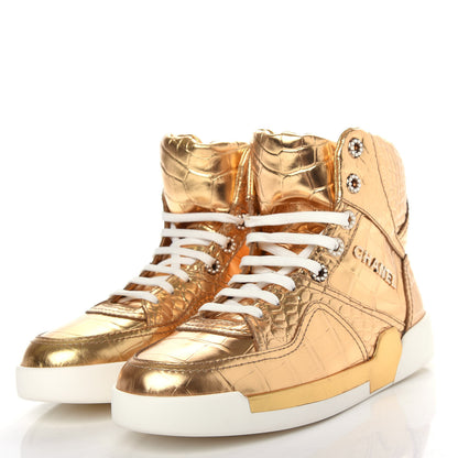 Chanel Metallic Calfskin Crocodile Embossed Cocodile High Top Sneakers 39 Gold 3 of 11