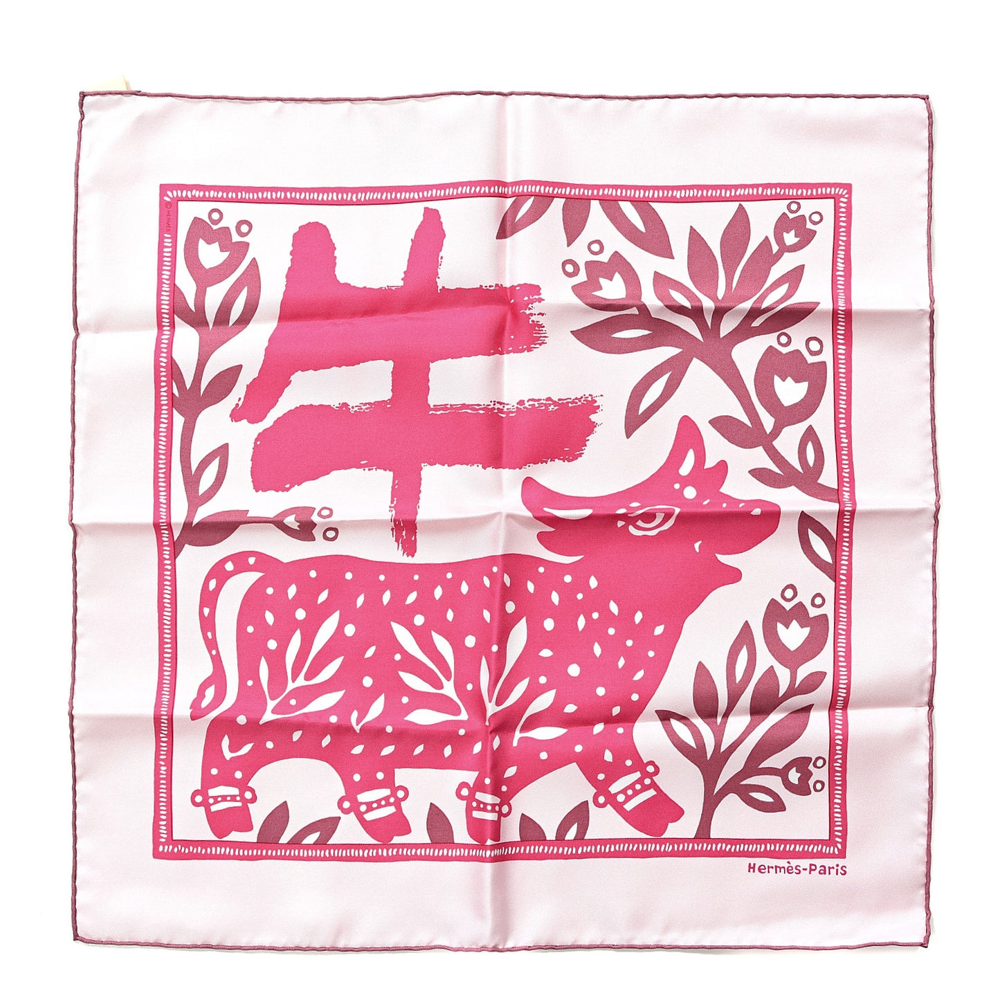 Silk Gavroche L Annee du Buffle Pocket Square Scarf Rose Pale Rose Vif Lie De Vin