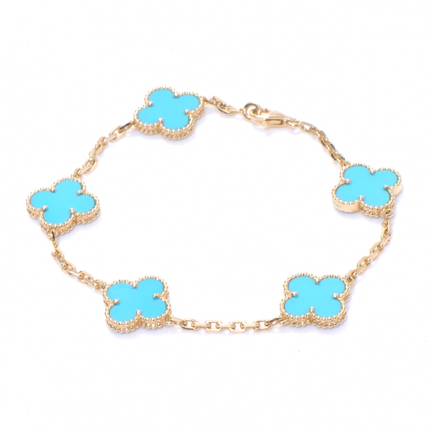 18K Yellow Gold Turquoise 5 Motifs Vintage Alhambra Bracelet