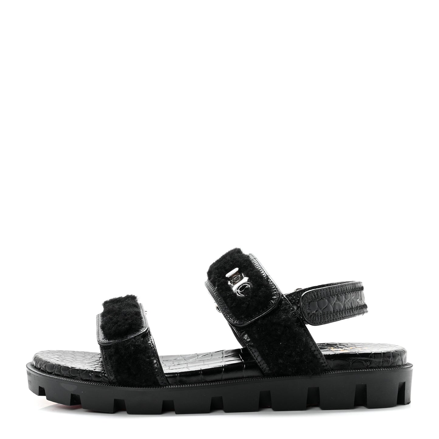 Calfskin Crocodile Embossed Lock Wool Flat Sandals 39 Black