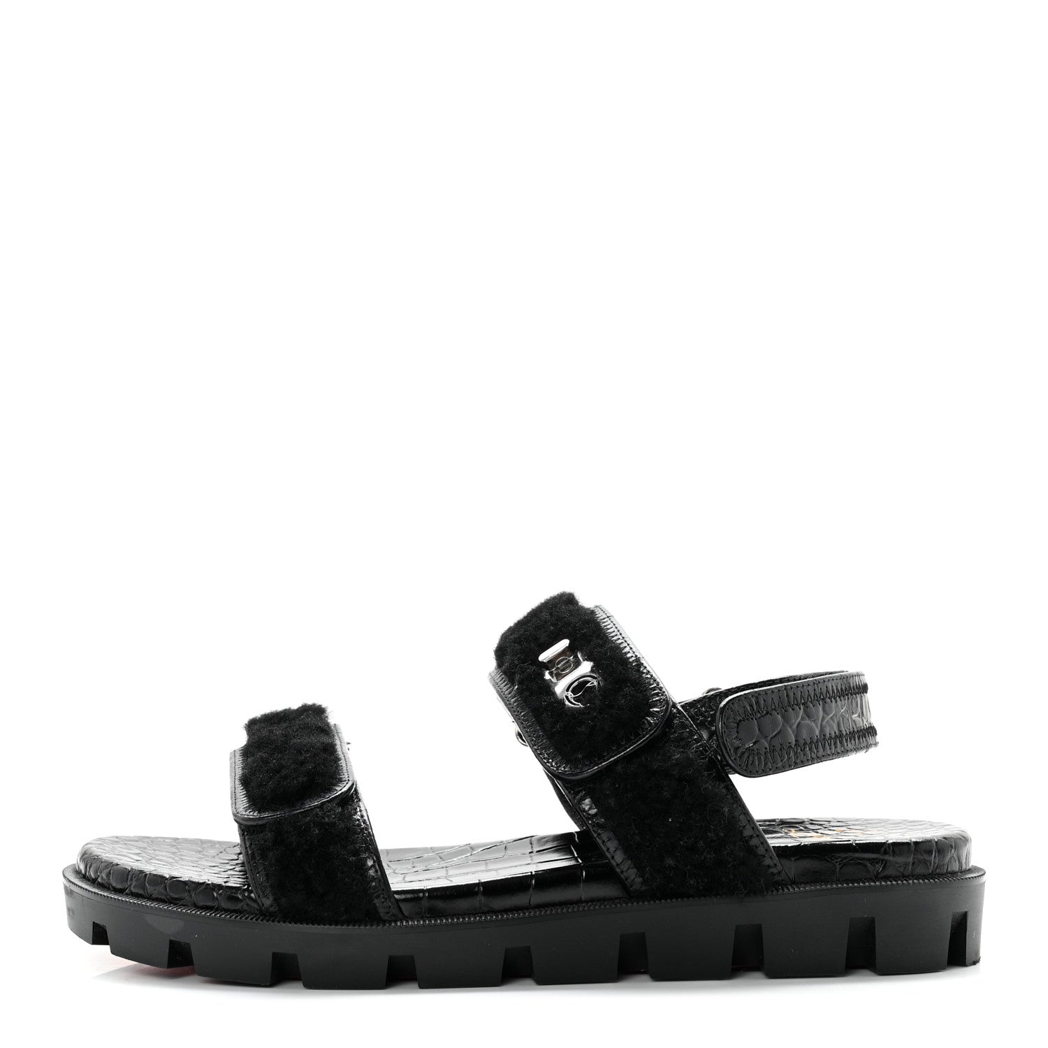 Christian Louboutin Calfskin Crocodile Embossed Lock Wool Flat Sandals 39 Black 1 of 7