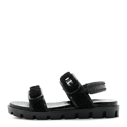 Christian Louboutin Calfskin Crocodile Embossed Lock Wool Flat Sandals 39 Black 1 of 7