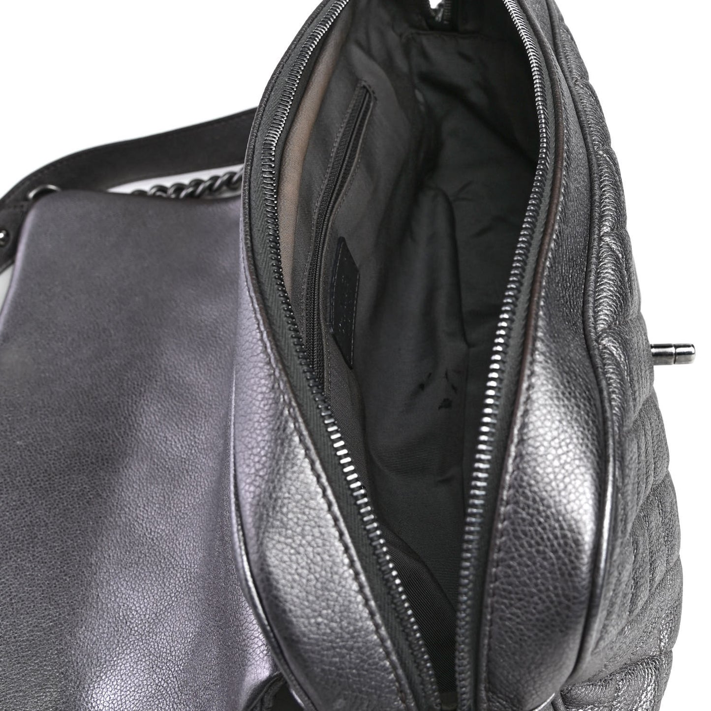 Metallic Calfskin Quilted Jumbo Chain Detail Flap Silver