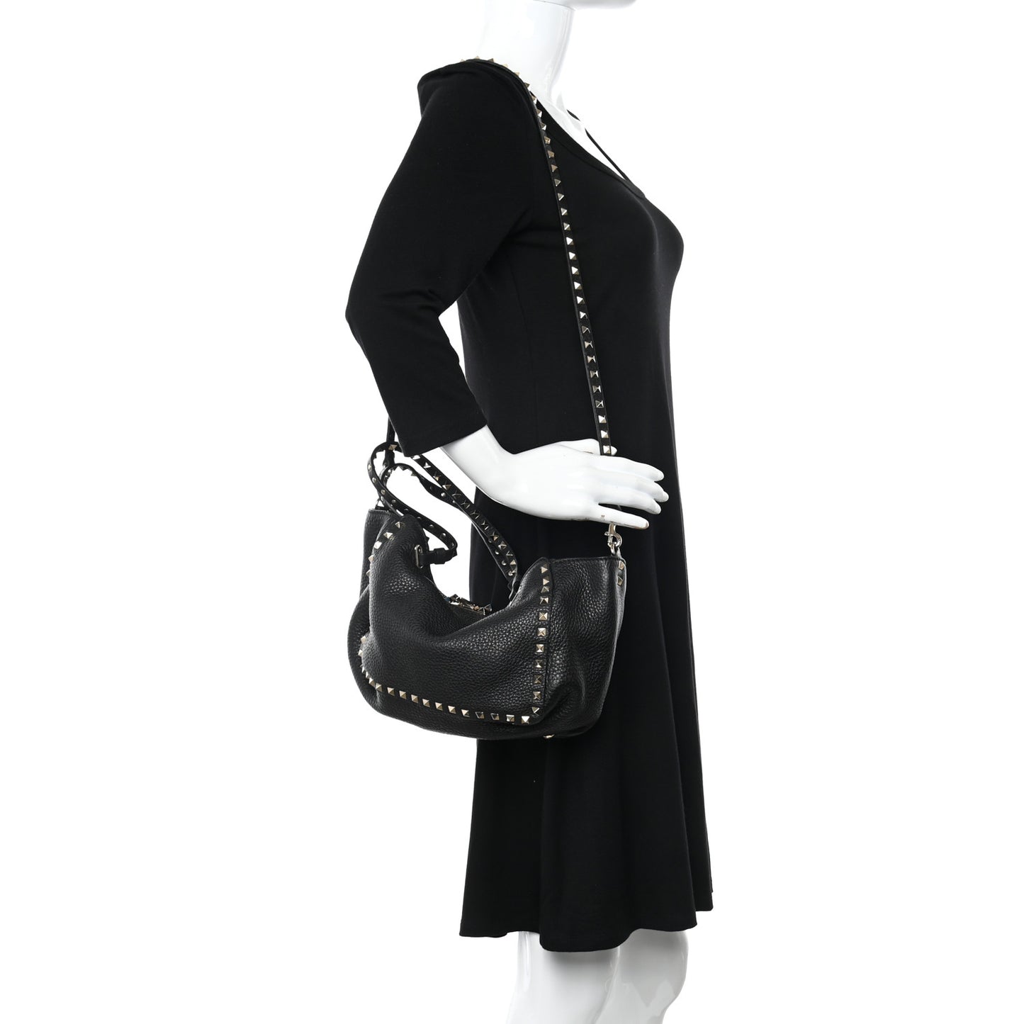 Grained Calfskin Small Rockstud Tote Black