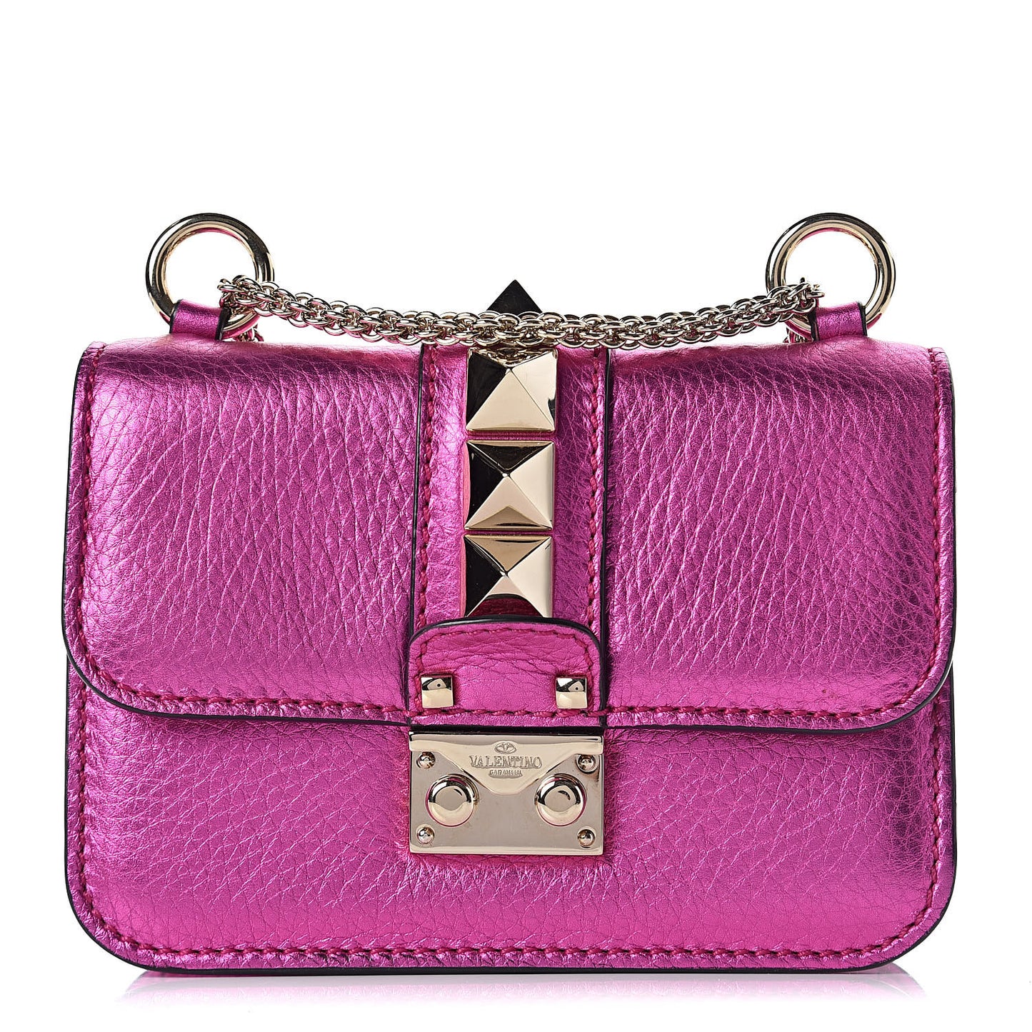 Metallic Pebbled Calfskin Mini Glam Lock Rockstud Flap Peony
