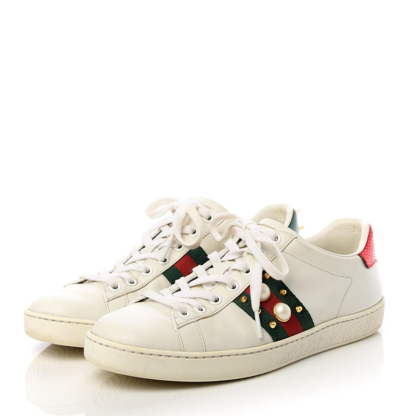 Calfskin Web Pearl Studded Womens Ace Sneakers 37.5 White