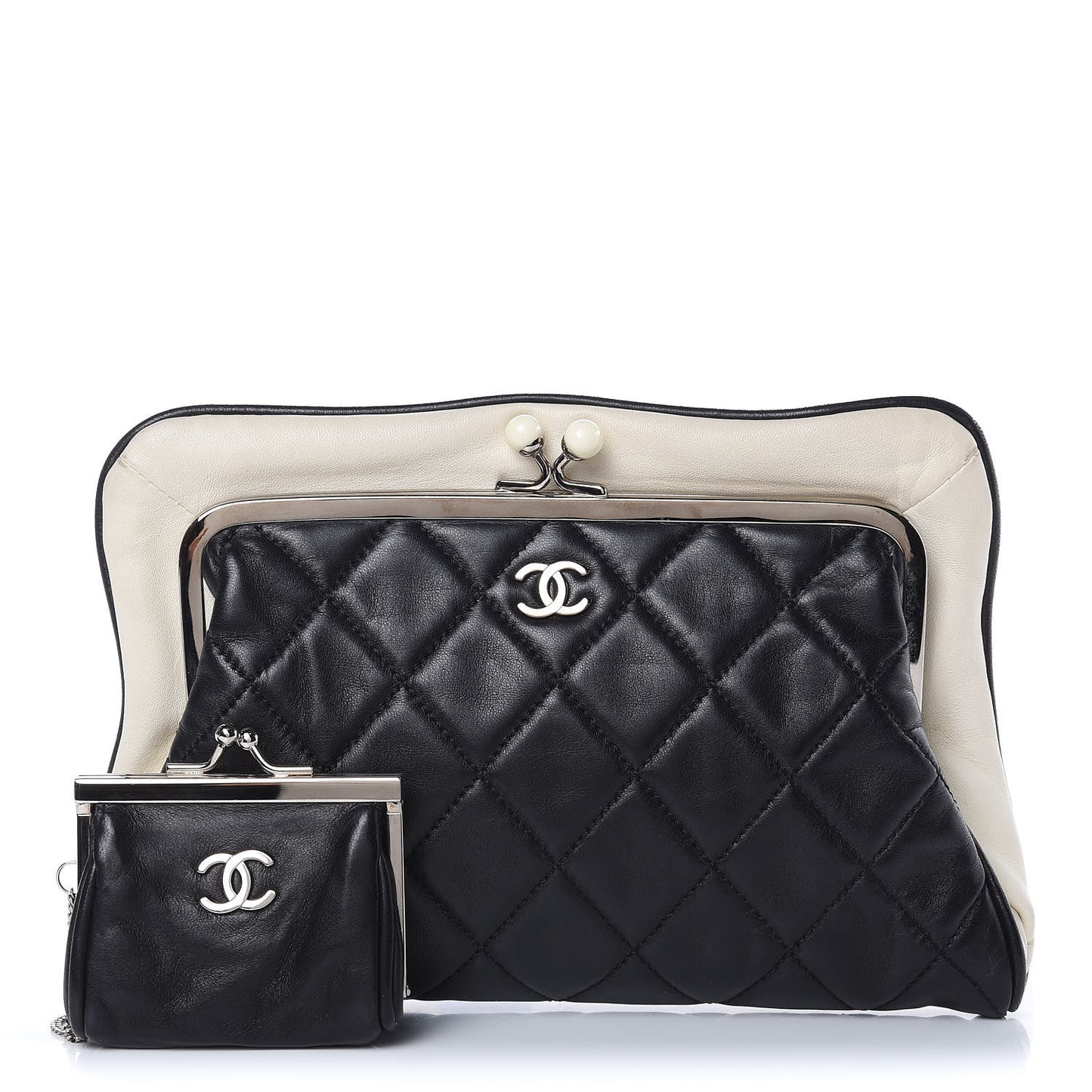 Lambskin Quilted Pearl Kiss Lock Clutch Black White