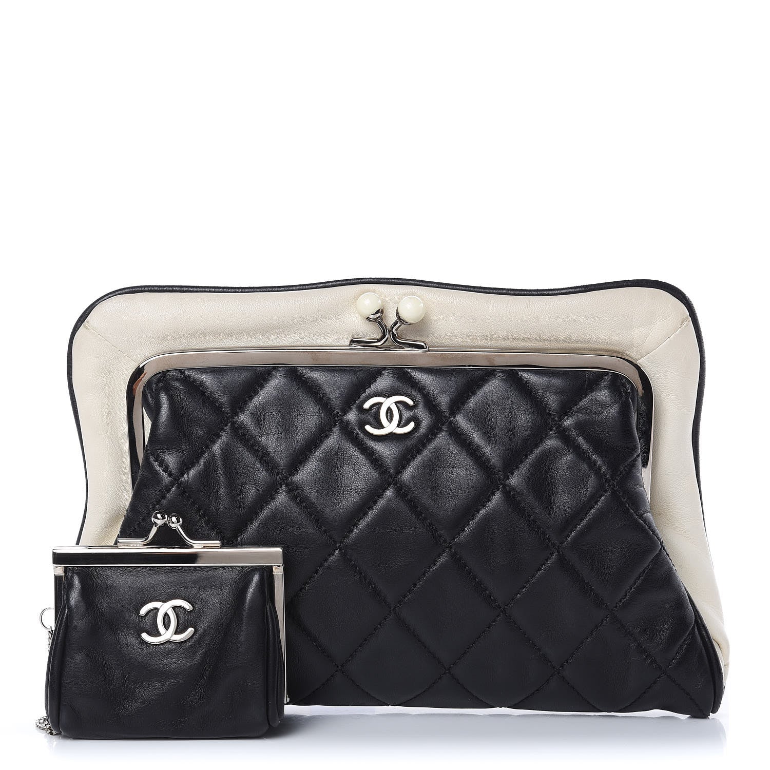 Chanel Lambskin Quilted Pearl Kiss Lock Clutch Black White 1 of 13