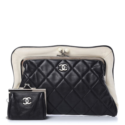 Chanel Lambskin Quilted Pearl Kiss Lock Clutch Black White 1 of 13