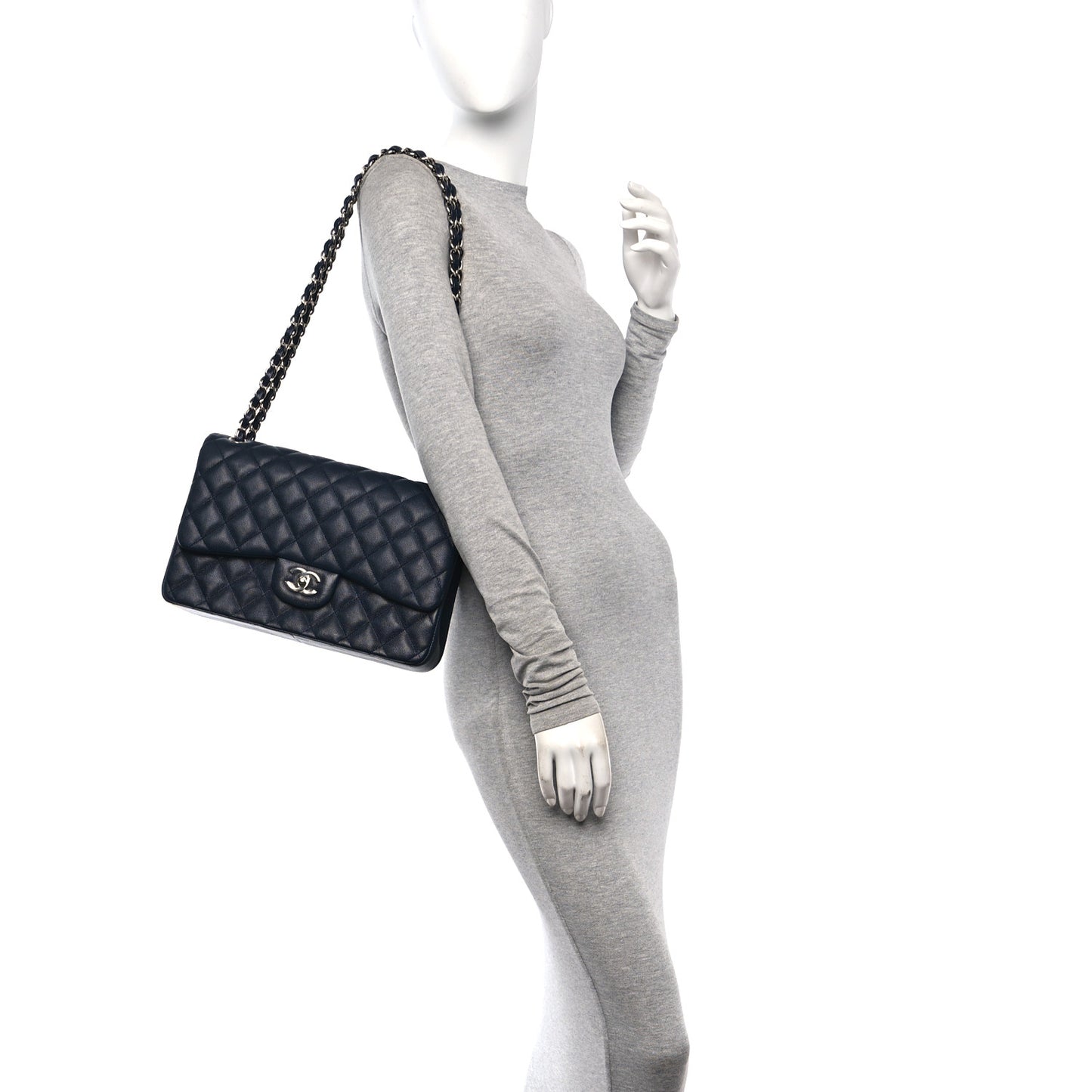 Caviar Quilted Jumbo Double Flap Navy Blue