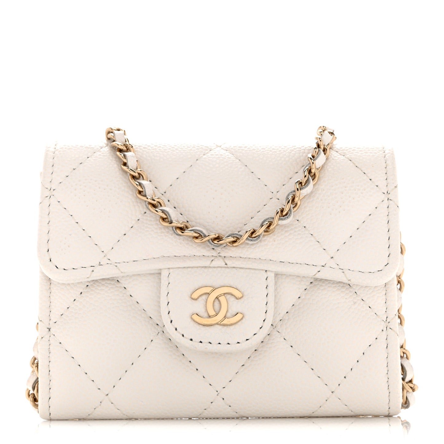 Caviar Quilted Flap Card Holder On Chain White