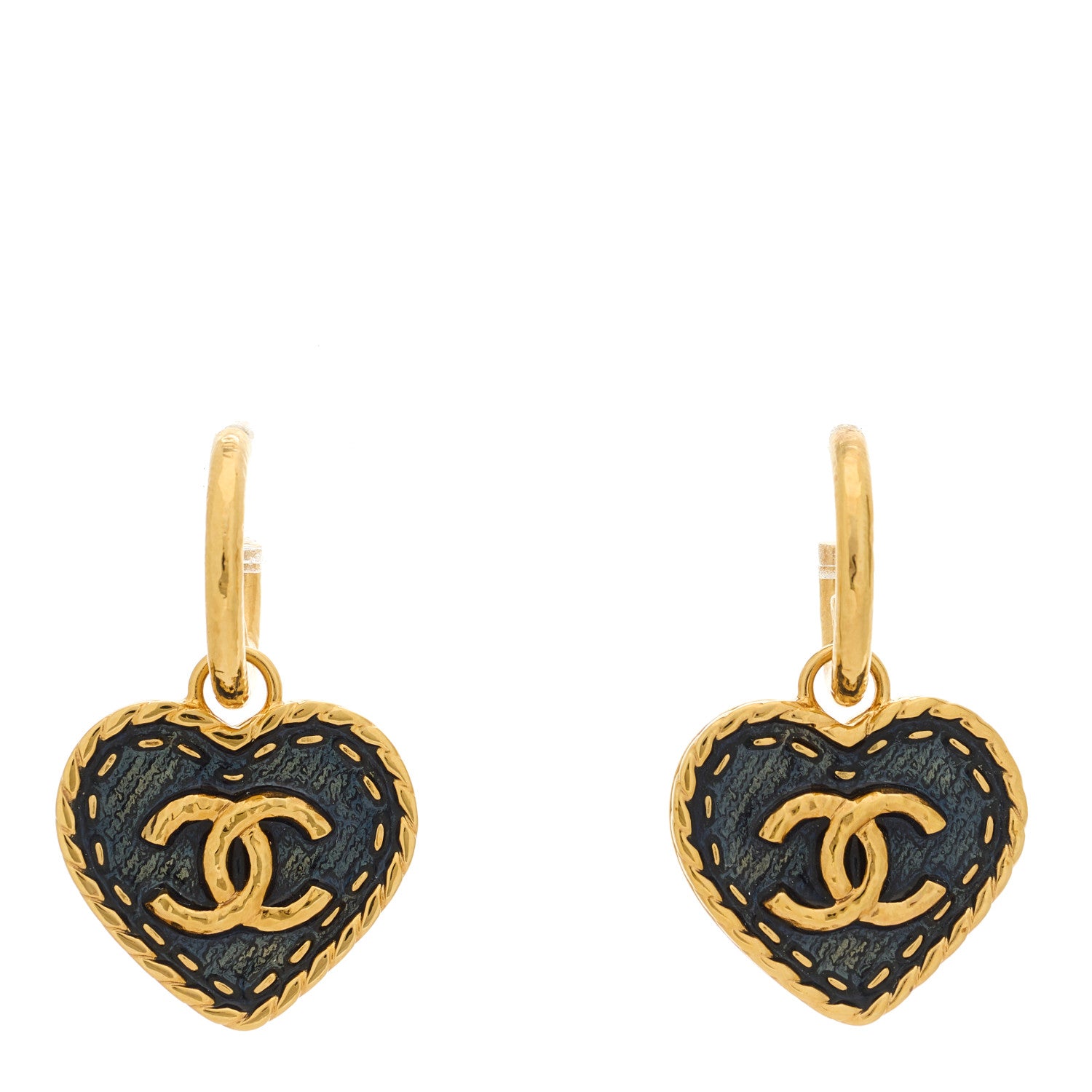 Chanel Metal Enamel CC Denim Heart Drop Earrings Gold Blue 1 of 4