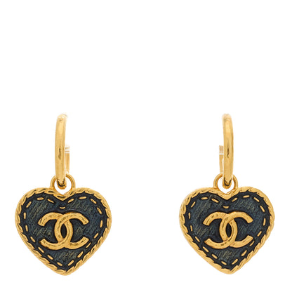Chanel Metal Enamel CC Denim Heart Drop Earrings Gold Blue 1 of 4