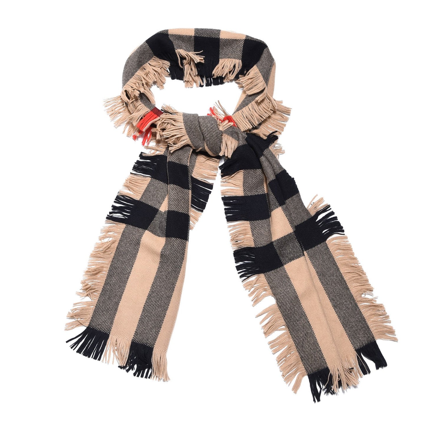 Wool Half Mega Check Fringe Scarf Camel