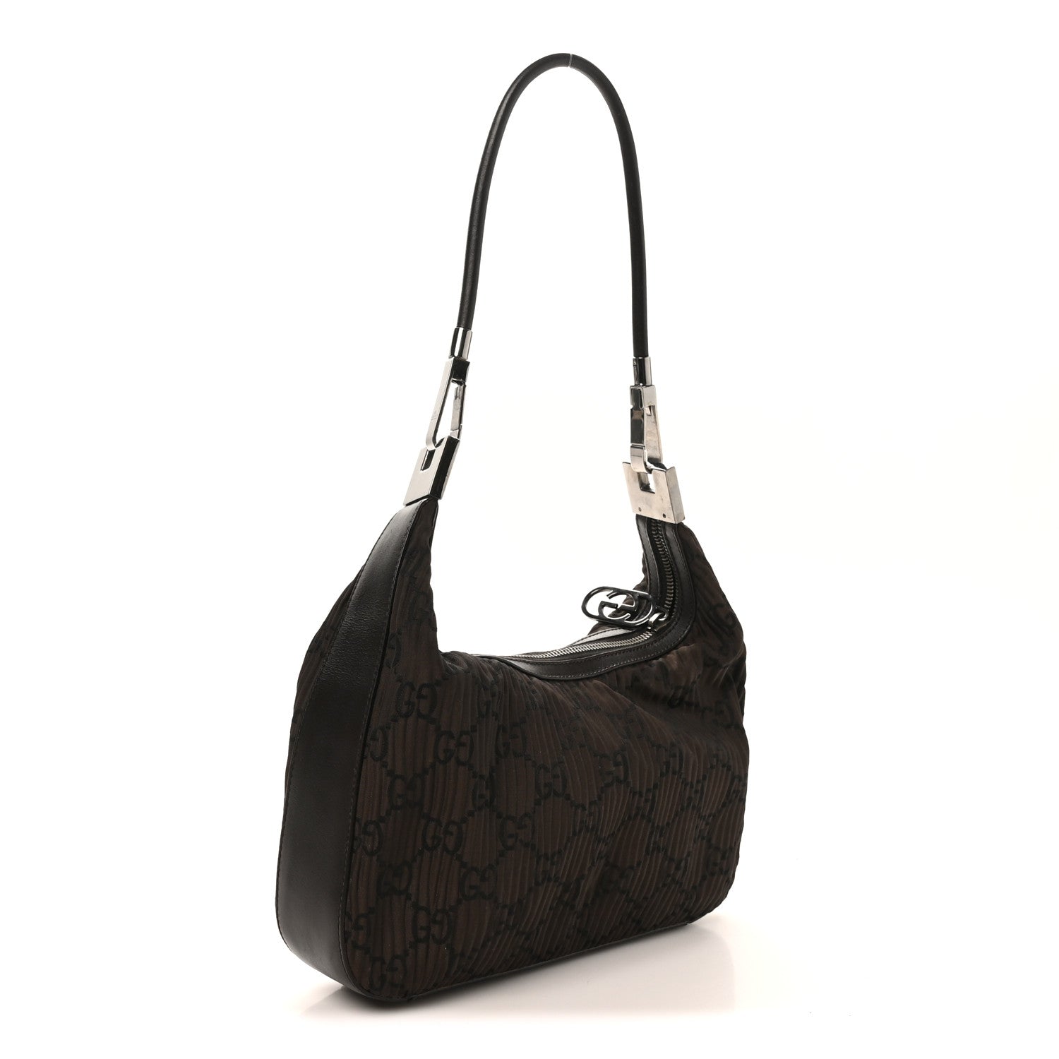 Gucci Nylon Pleated Monogram GG Clasp Hobo Brown 3 of 10