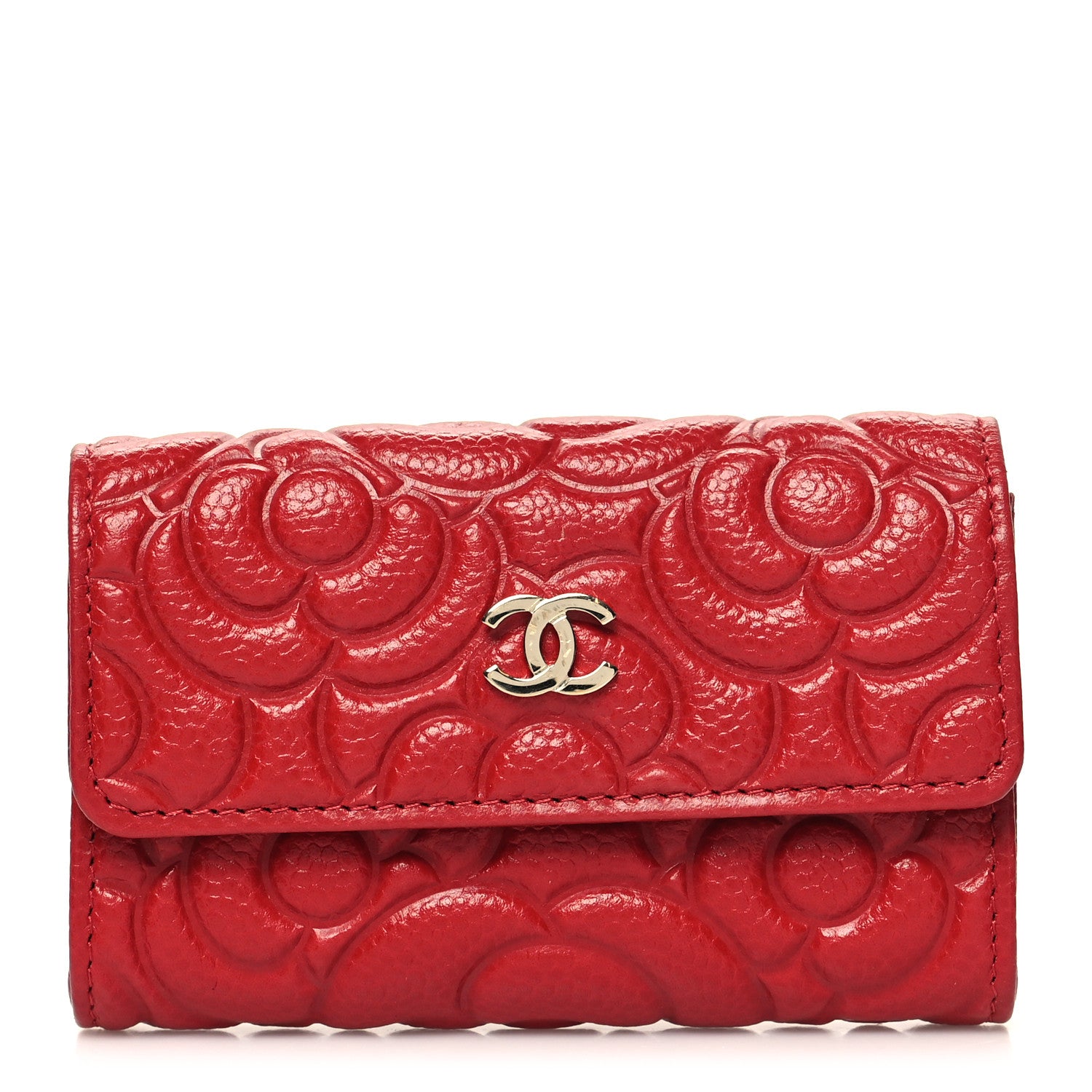 Chanel Caviar Camellia Embossed Flap Card Holder Wallet Red 1 of 10
