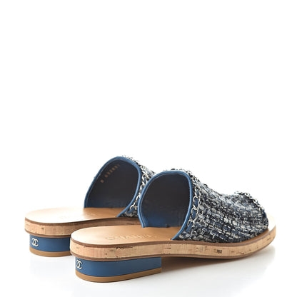 Chanel Cork Tweed Chain Mule Slides 40 Blue 4 of 8