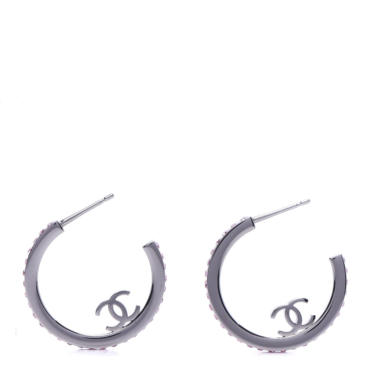 Chanel Crystal CC Hoop Earrings Pink Silver 2 of 5