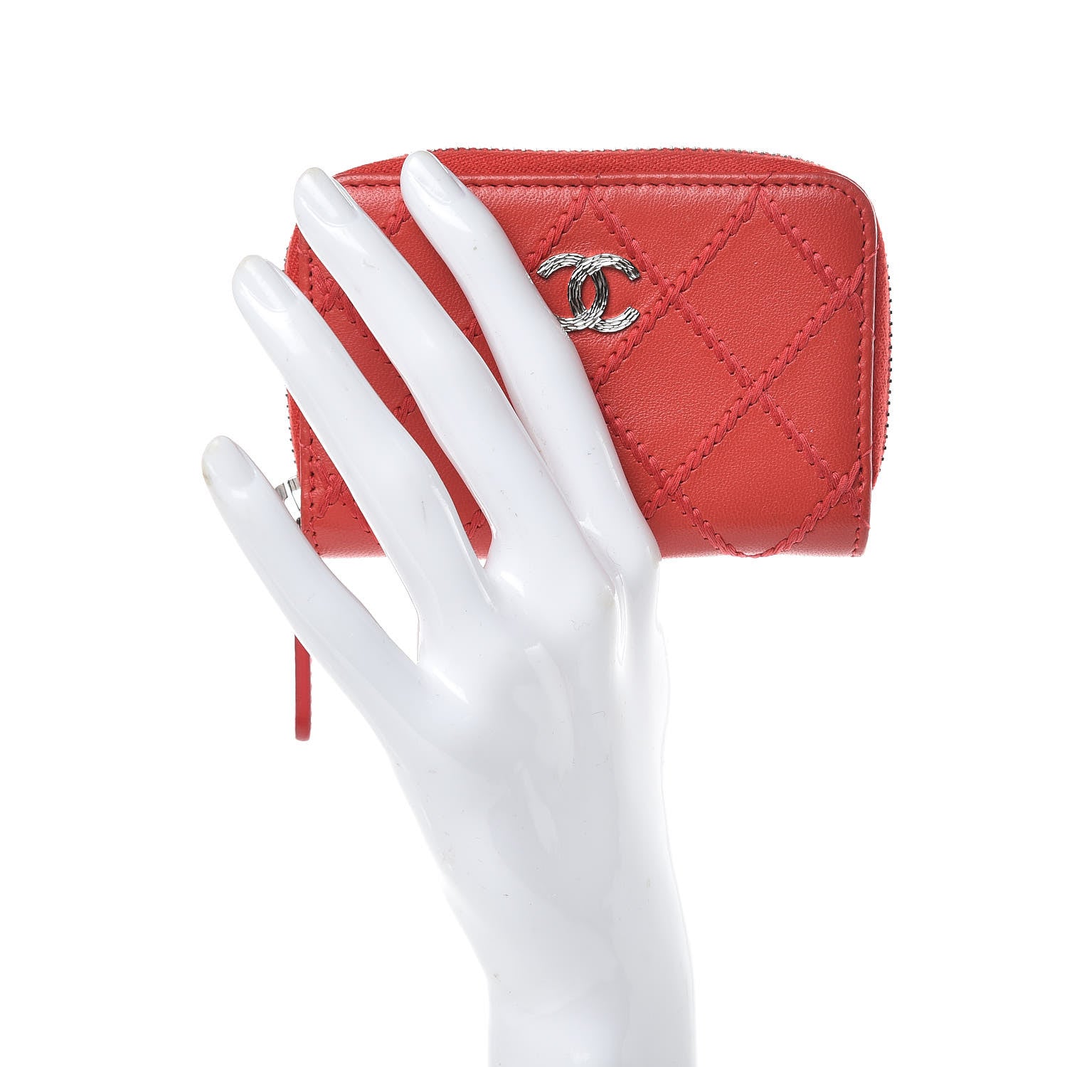 Chanel Lambskin Double Stitch Zip Coin Purse Coral Pink 2 of 11