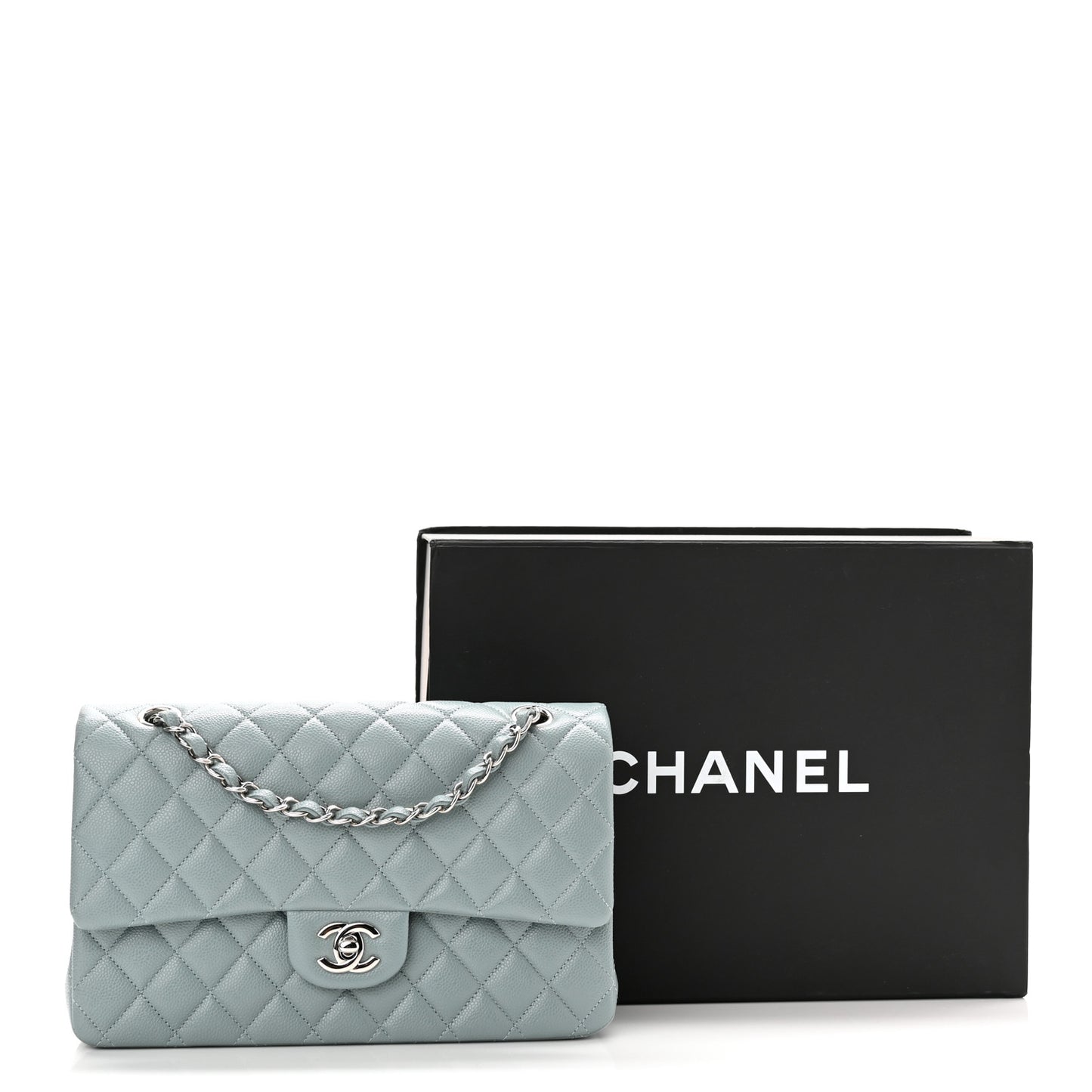 Caviar Quilted Medium Double Flap Light Blue