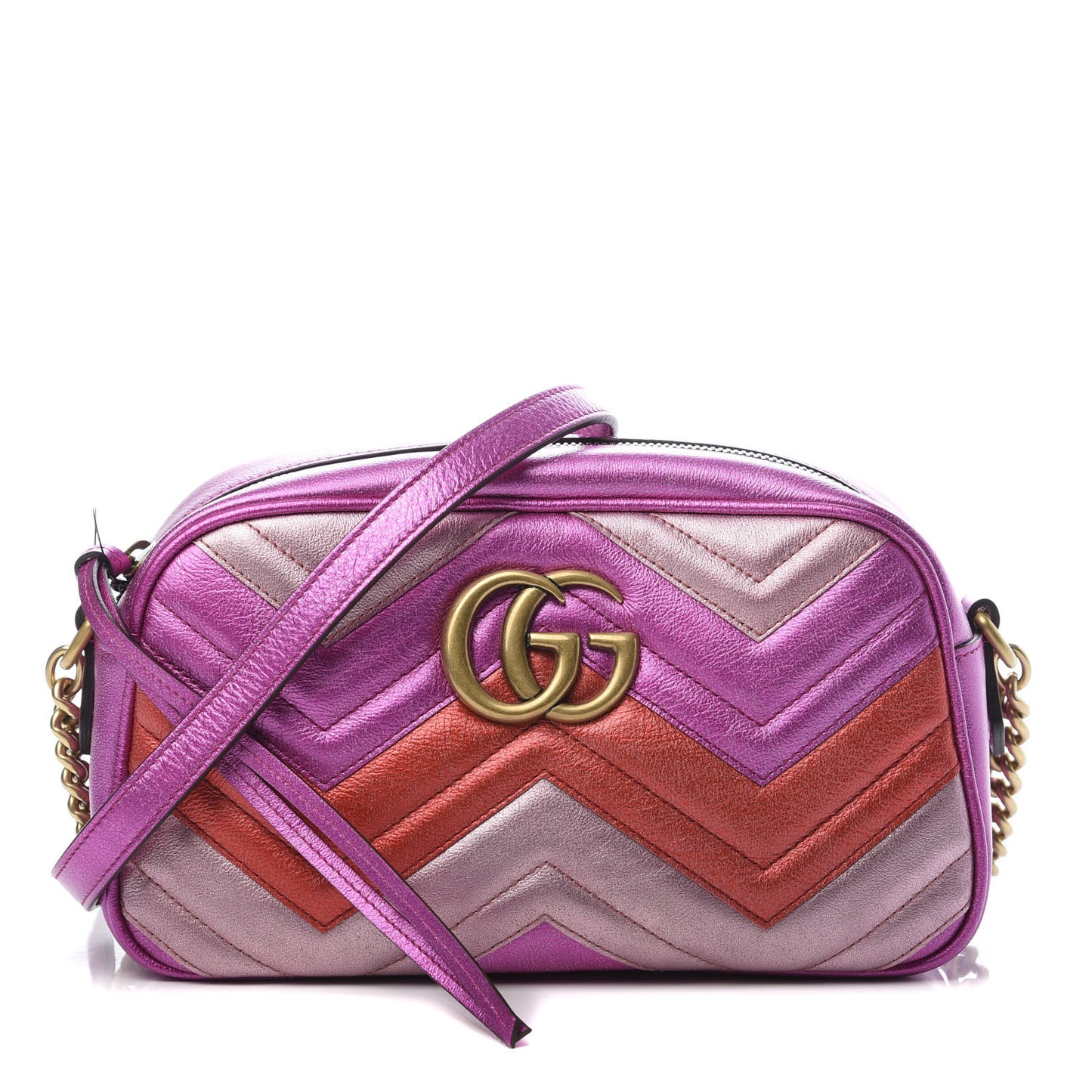 Laminated Nappa Matelasse Small GG Marmont Chain Shoulder Bag Fuxia Rosso Rosa