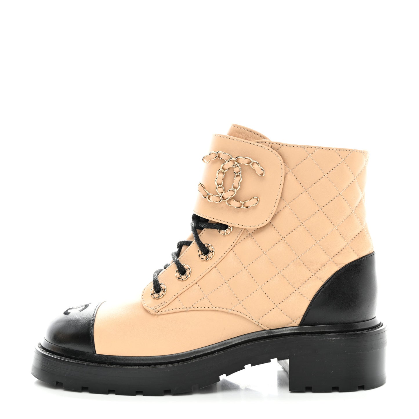 Lambskin Calfskin Quilted Lace Up Combat Boots 38.5 Beige Black