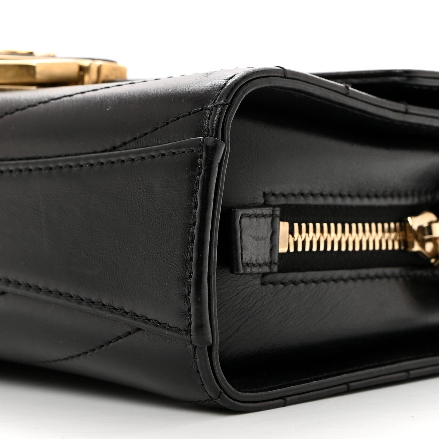 Calfskin Chevron Quilted Medal Flap Black