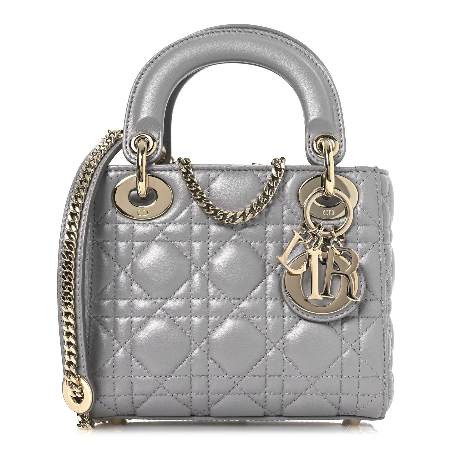 Metallic Lambskin Cannage Mini Lady Dior Grey