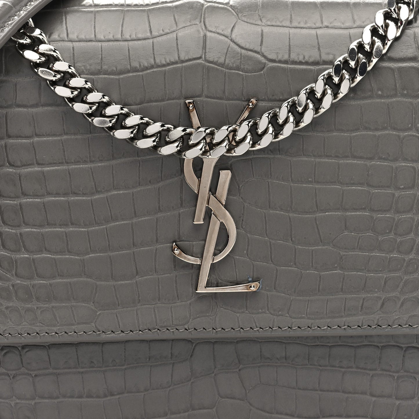 Calfskin Crocodile Embossed Medium Monogram Sunset Fog