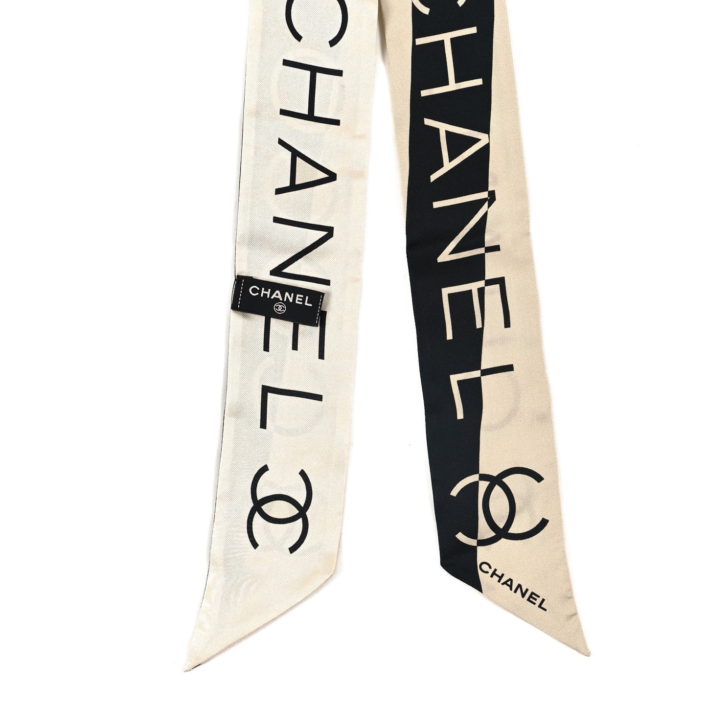 Silk Logo Slim Bandeau Scarf Black White Beige