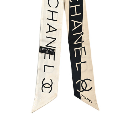 Chanel Silk Logo Slim Bandeau Scarf Black White Beige 2 of 3