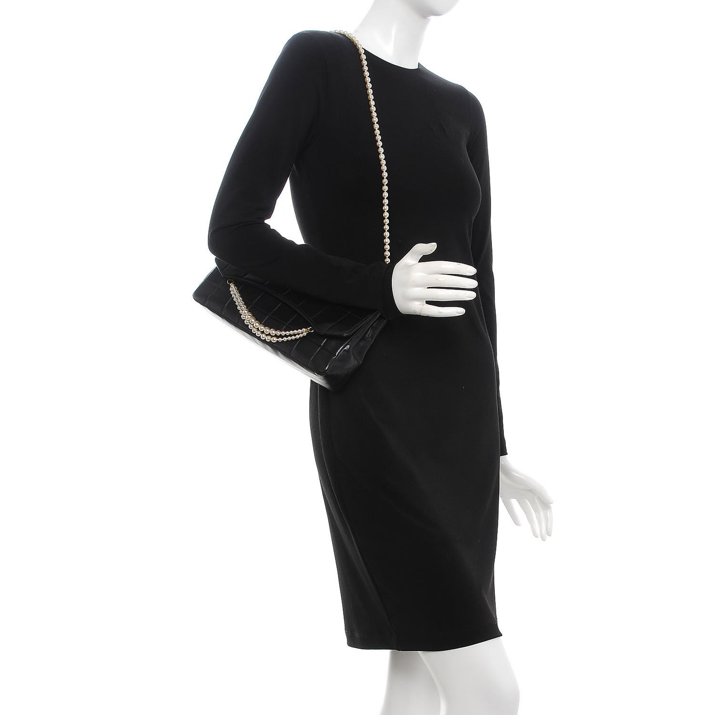 Lambskin Chocolate Bar Pearl Chain Flap Black