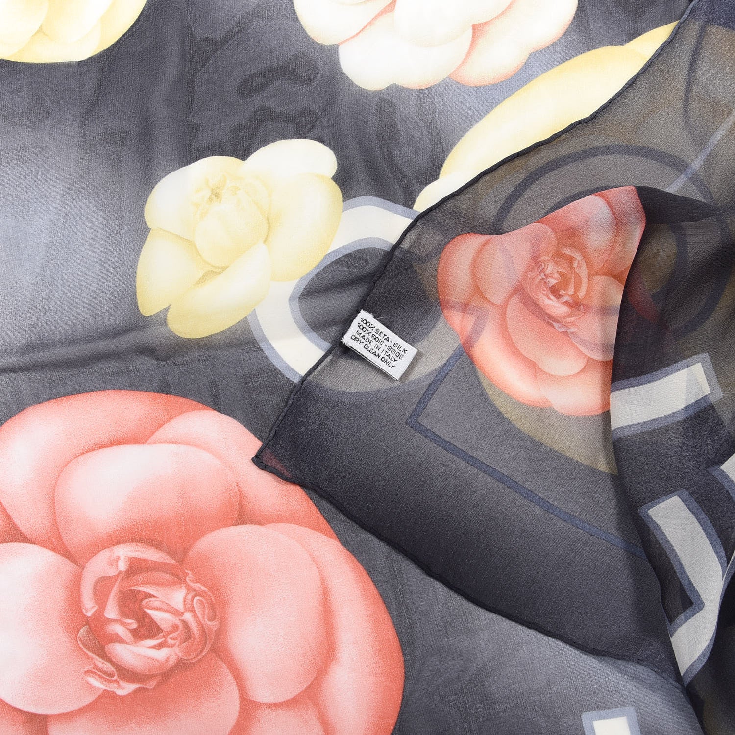 Chanel Silk CC Logo Camellia Scarf Grey Pink 2 of 3