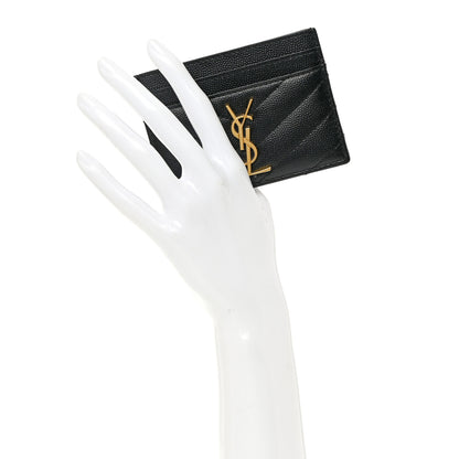 Saint Laurent Grain De Poudre Matelasse Chevron Monogram Credit Card Case Black 2 of 10