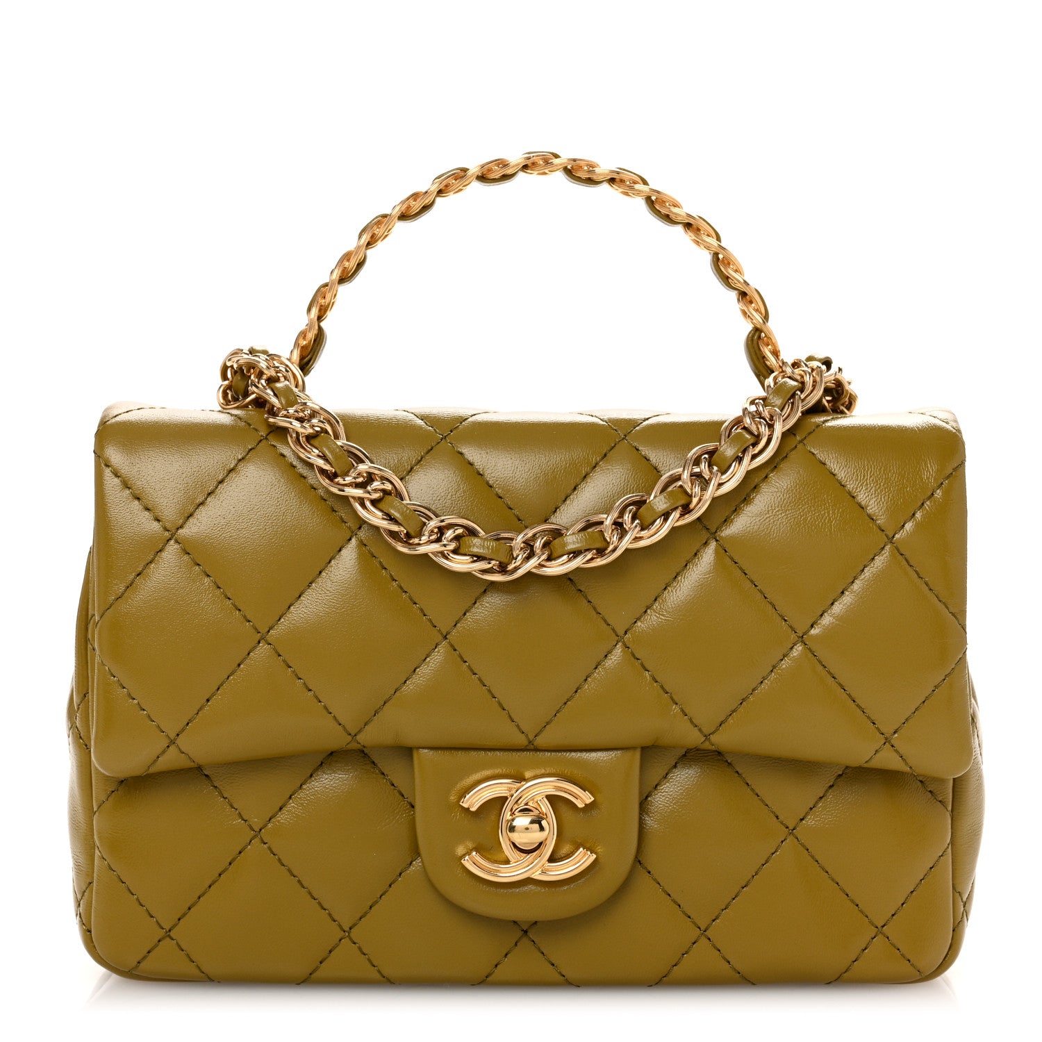 Chanel Shiny Lambskin Quilted Golden Links Top Handle Flap Green 1 of 10