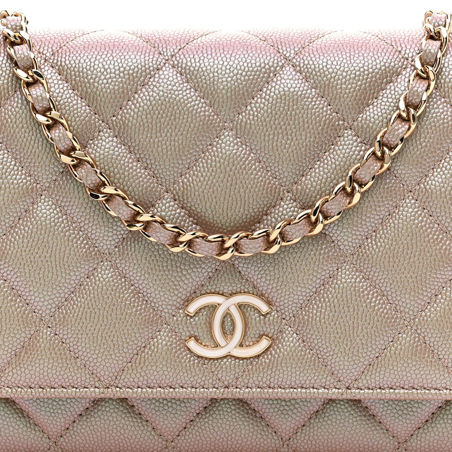 Iridescent Caviar Quilted Wallet on Chain WOC Beige