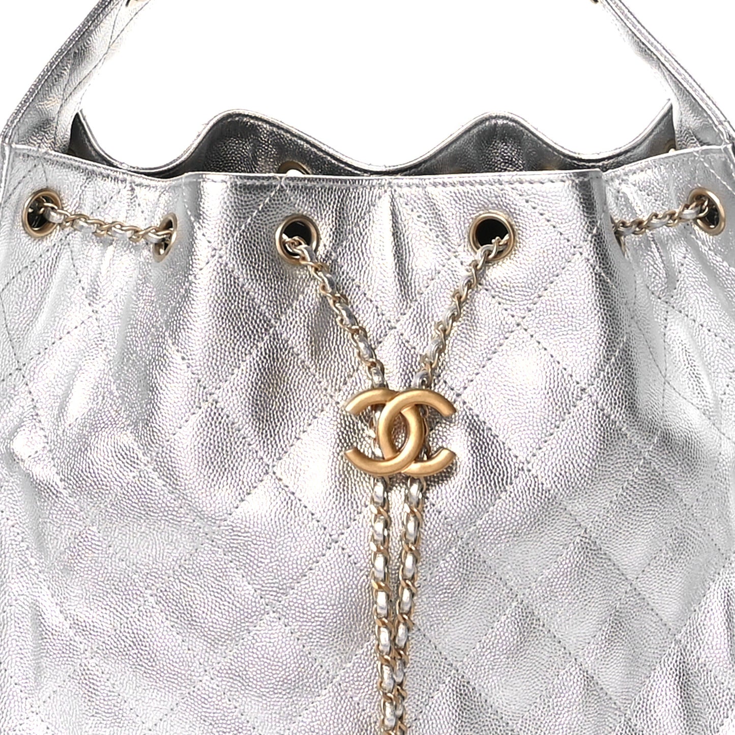 Metallic Caviar Quilted Medium Chanel 25 Handbag Silver